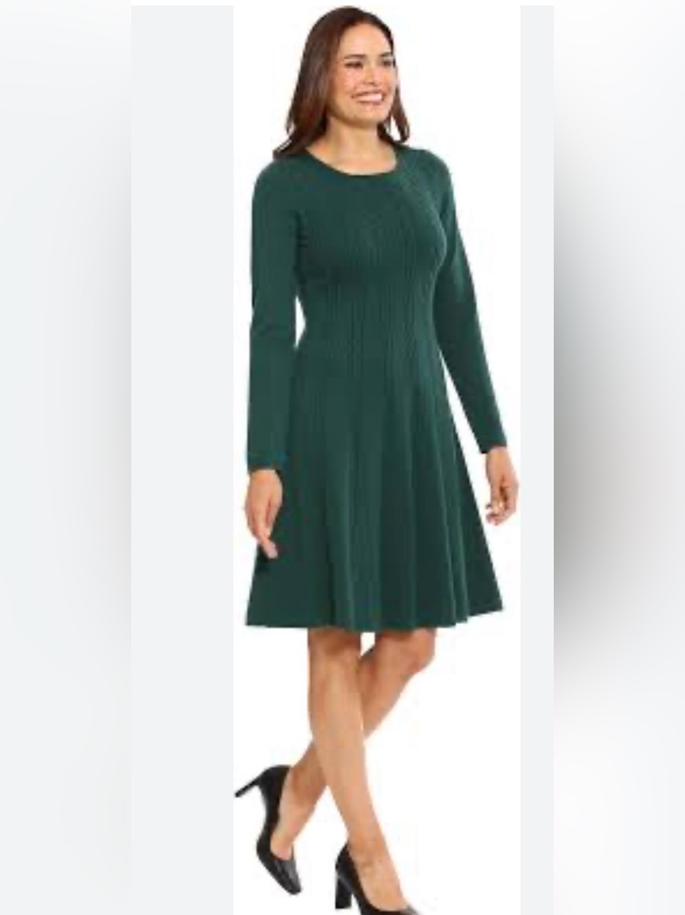 London Times Long Sleeve Fit-and-Flare Dress in Forest Green, Size L